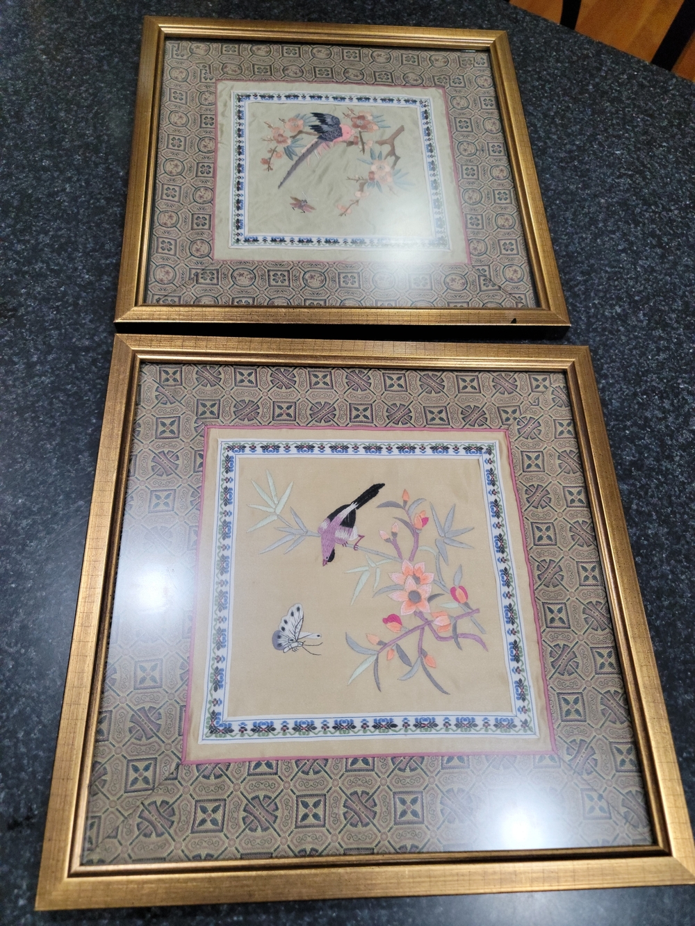 Vintage framed Asian silk embroidery panel Bird Floral Set Of 2